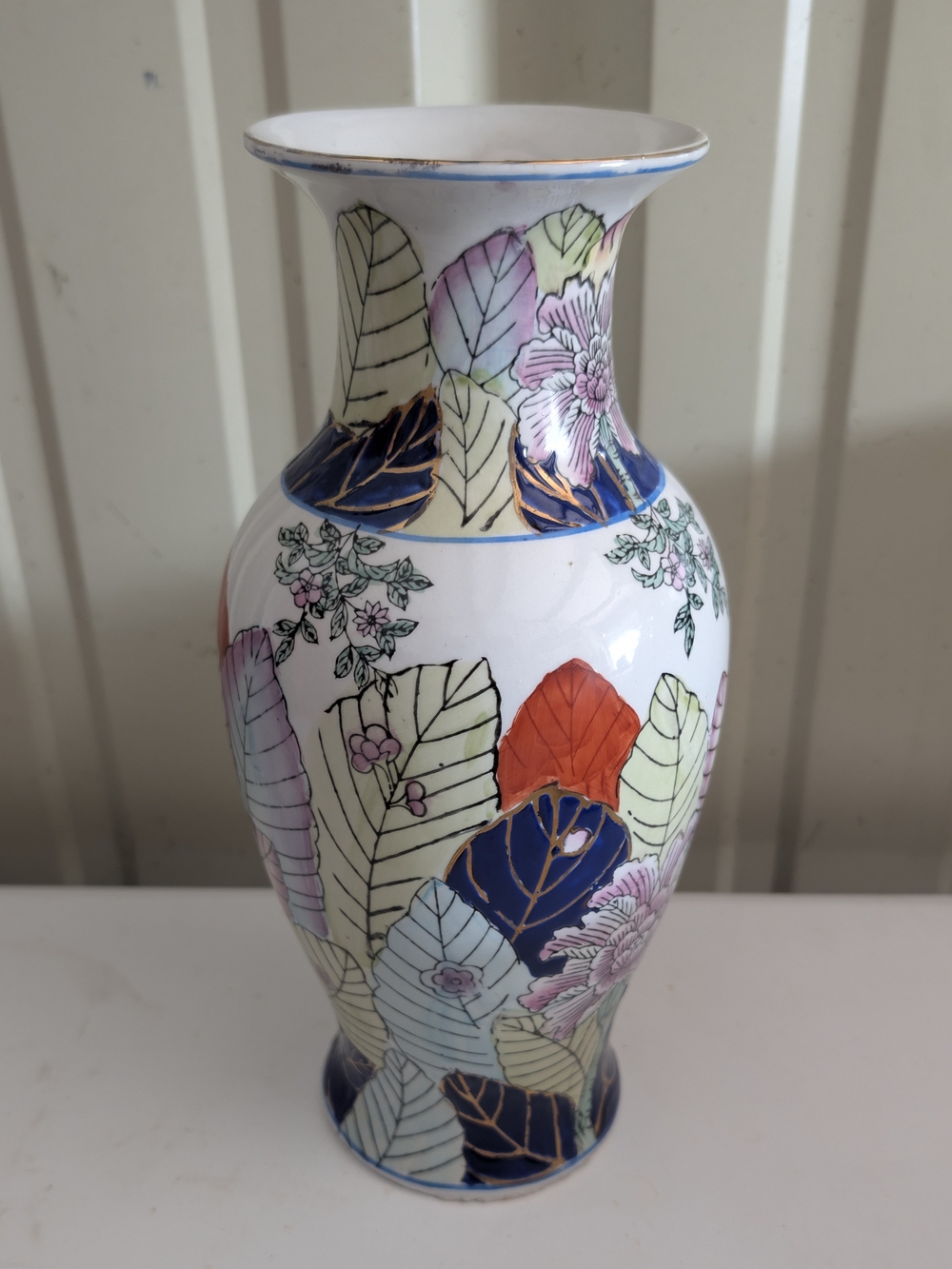 Vintage Hand Painted Floral  Ceramic Vase - Navy, Orange, Pink, Green, Cream